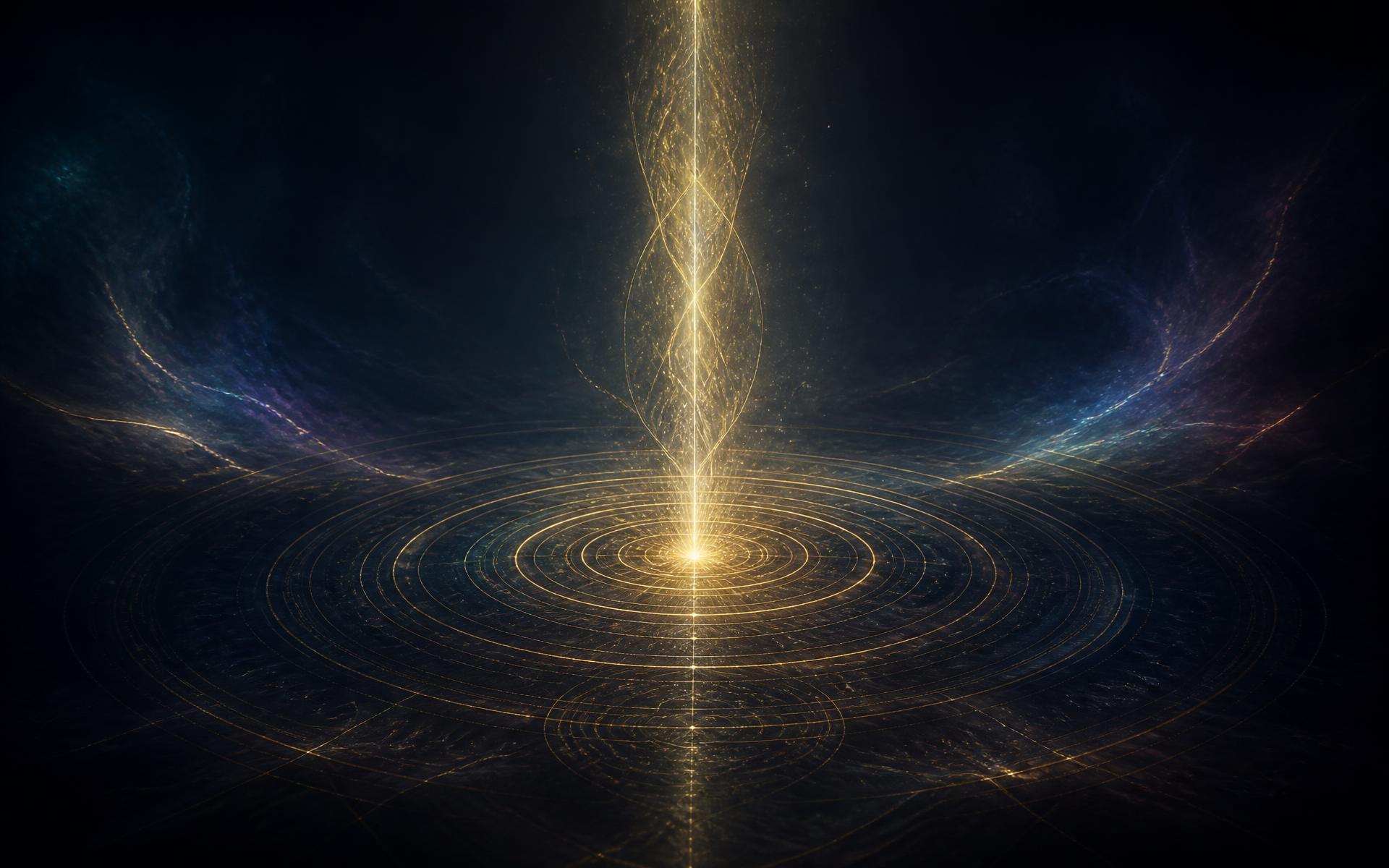 Abstract navy and gold artwork of concentric luminous energy rings with a rising column of light, representing chakra alignment