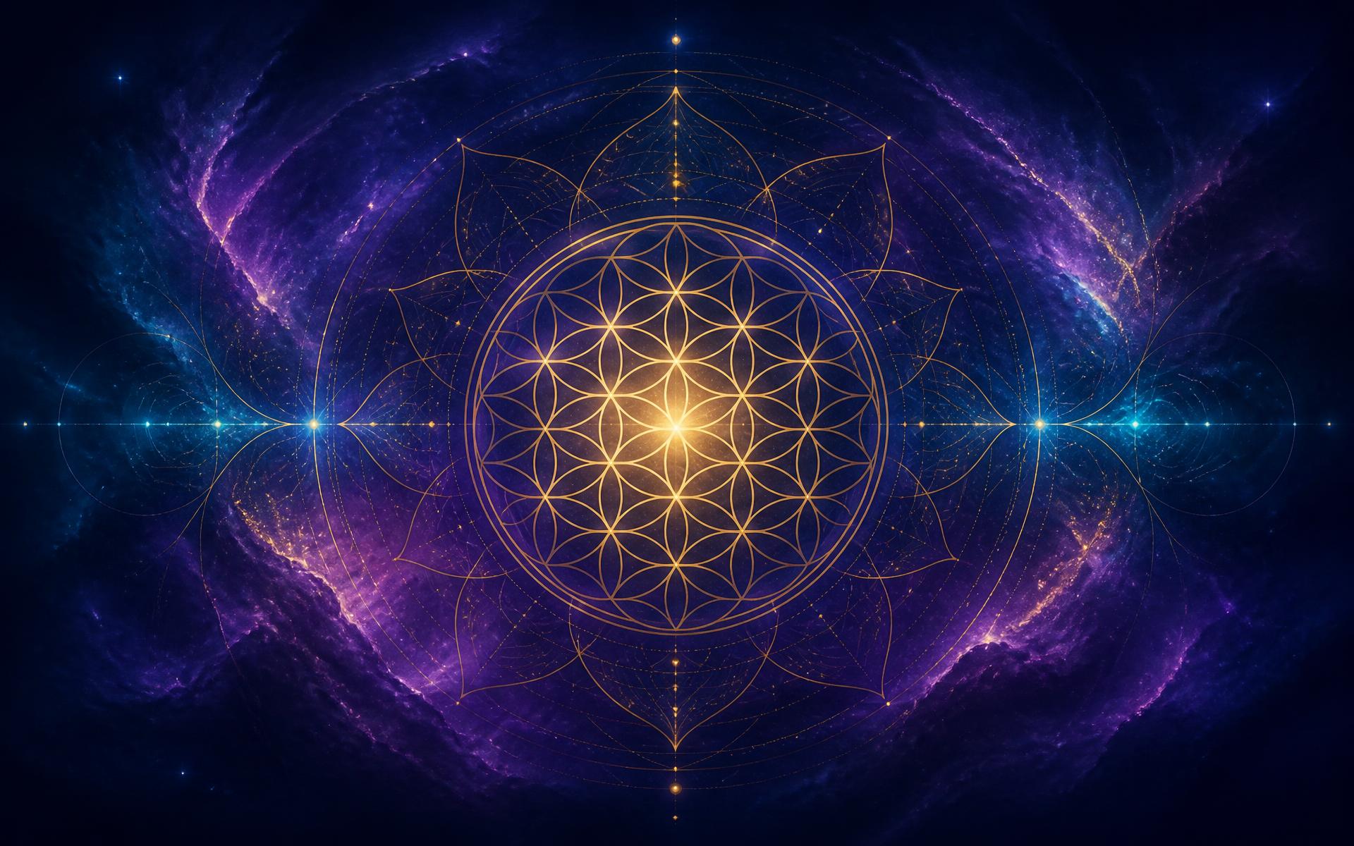 Abstract cosmic artwork of luminous gold sacred geometry over deep navy and violet nebula light, representing cosmic healing and quantum manifestation